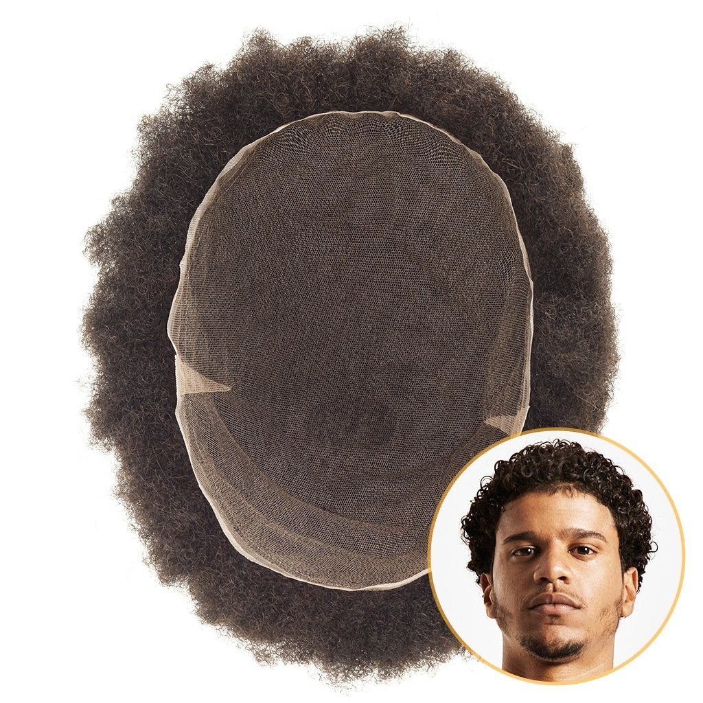 David- Curly Hair Unit for Men – Breathable Swiss Lace Base with Genuine Human Hair"